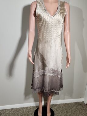 Komarov Ivory and Taupe Sleeveless V-Neck Midi Dress